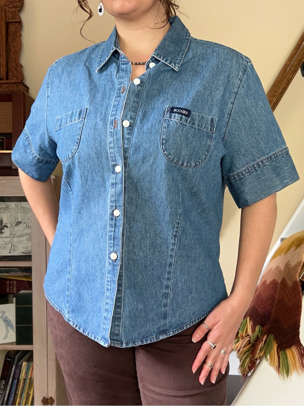 Vintage 90s Rockies Western Denim Button Up Shirt Cowgirl Rodeo Top XL